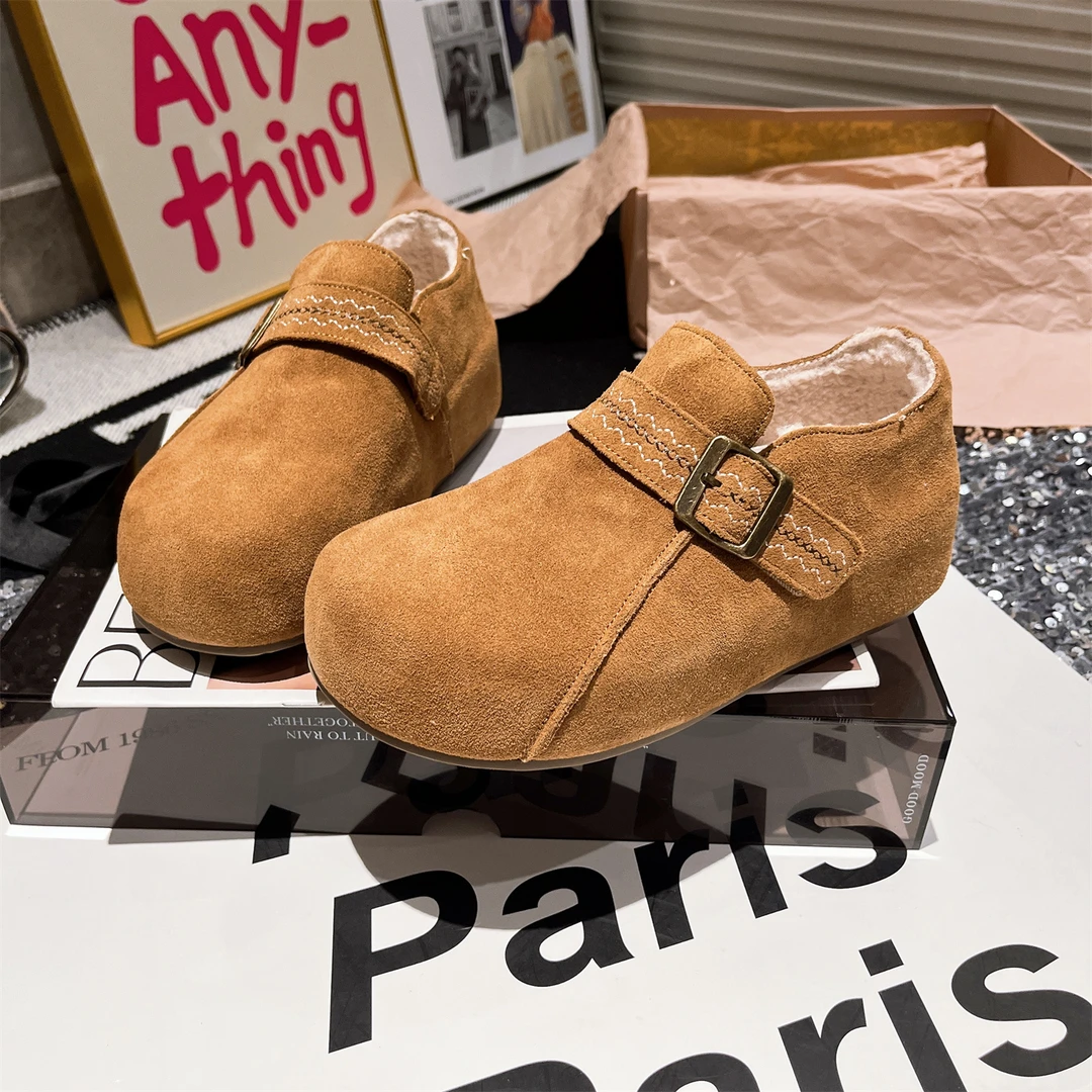 欧货磨砂软皮民族风大头丑萌卡皮巴拉内增高加绒勃肯鞋一脚蹬女鞋