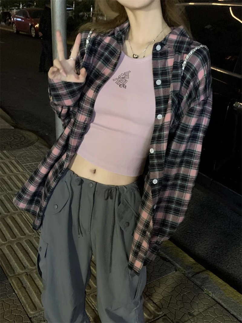 长袖百搭格子衬衣洋气女装上衣格纹衬衫宽松简约风女式