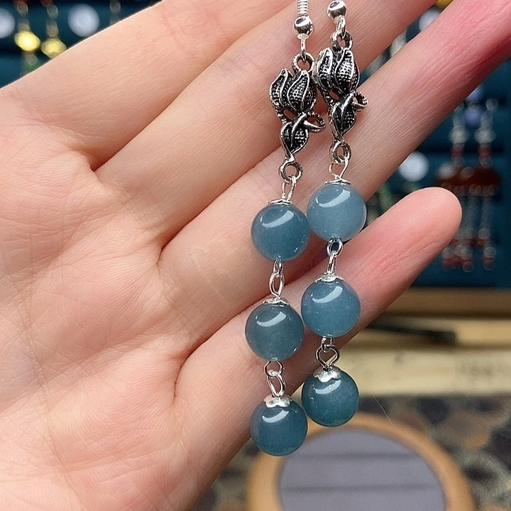 石英质玉耳钉银S925镶嵌