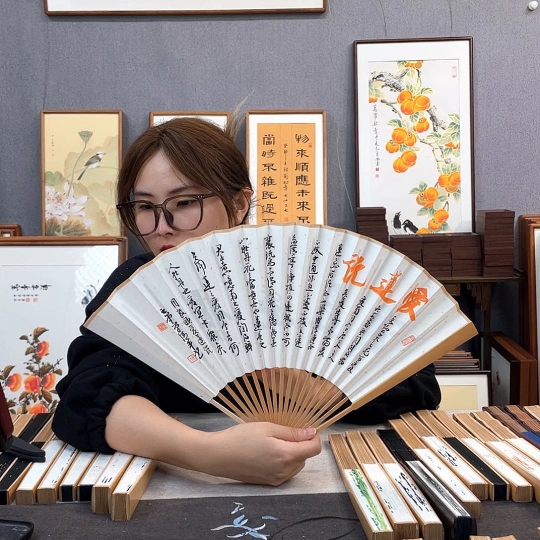 国画95寸玉竹-纯手绘-文玩扇骨（默认粘好）爱莲说