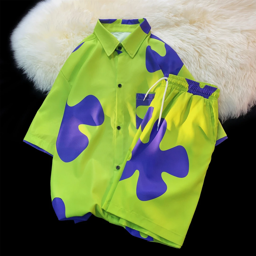 海边度假穿搭派大星短裤男女生夏季沙滩休闲套装冰丝衬衫搭配一套