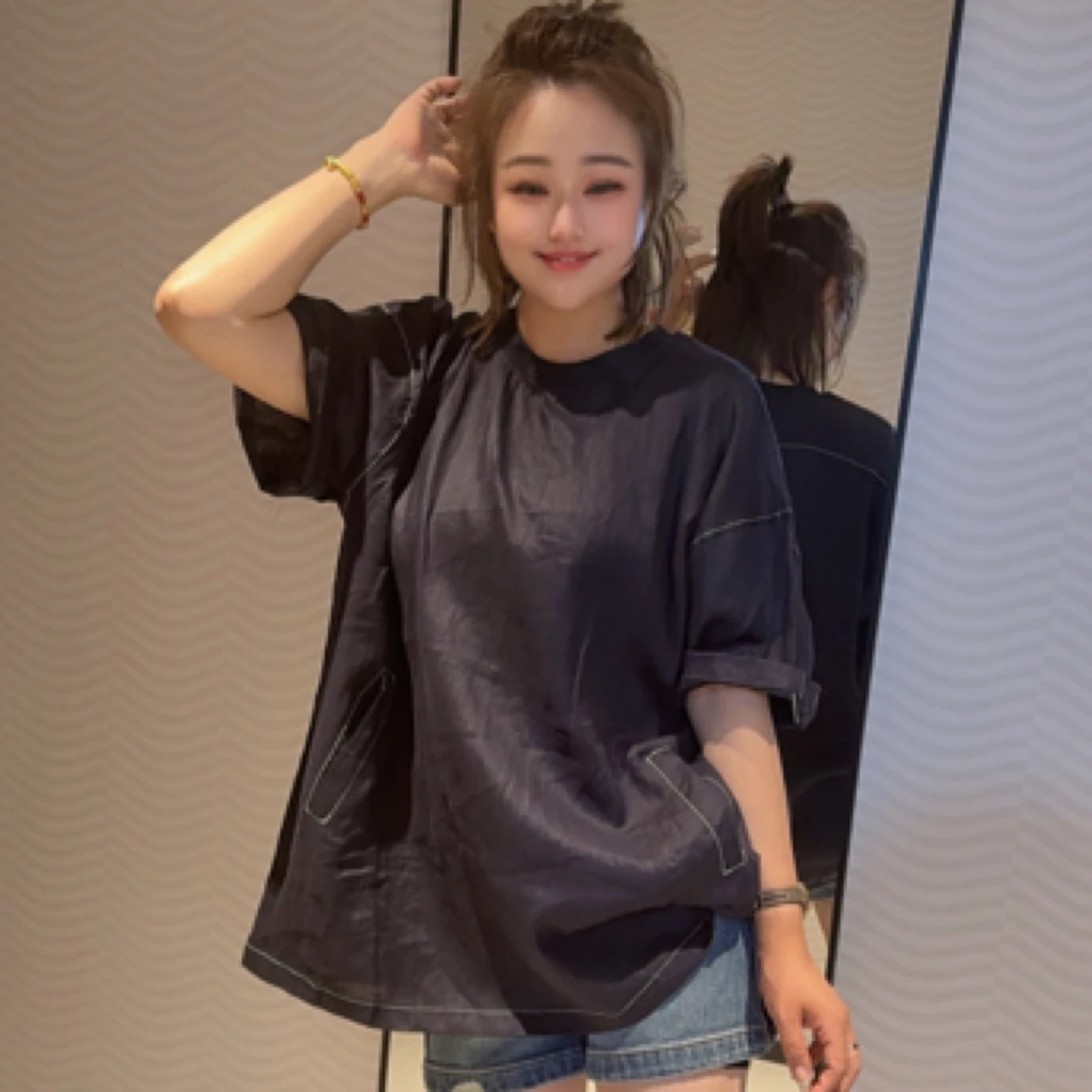 纯色圆领宽松短袖宽松型T恤休闲新潮风百搭法式亚麻衬衫7018