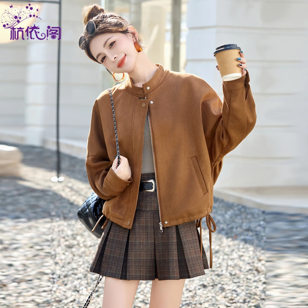 麂皮绒外套女短款2025秋新款韩系宽松休闲美拉德复古立领夹克上衣