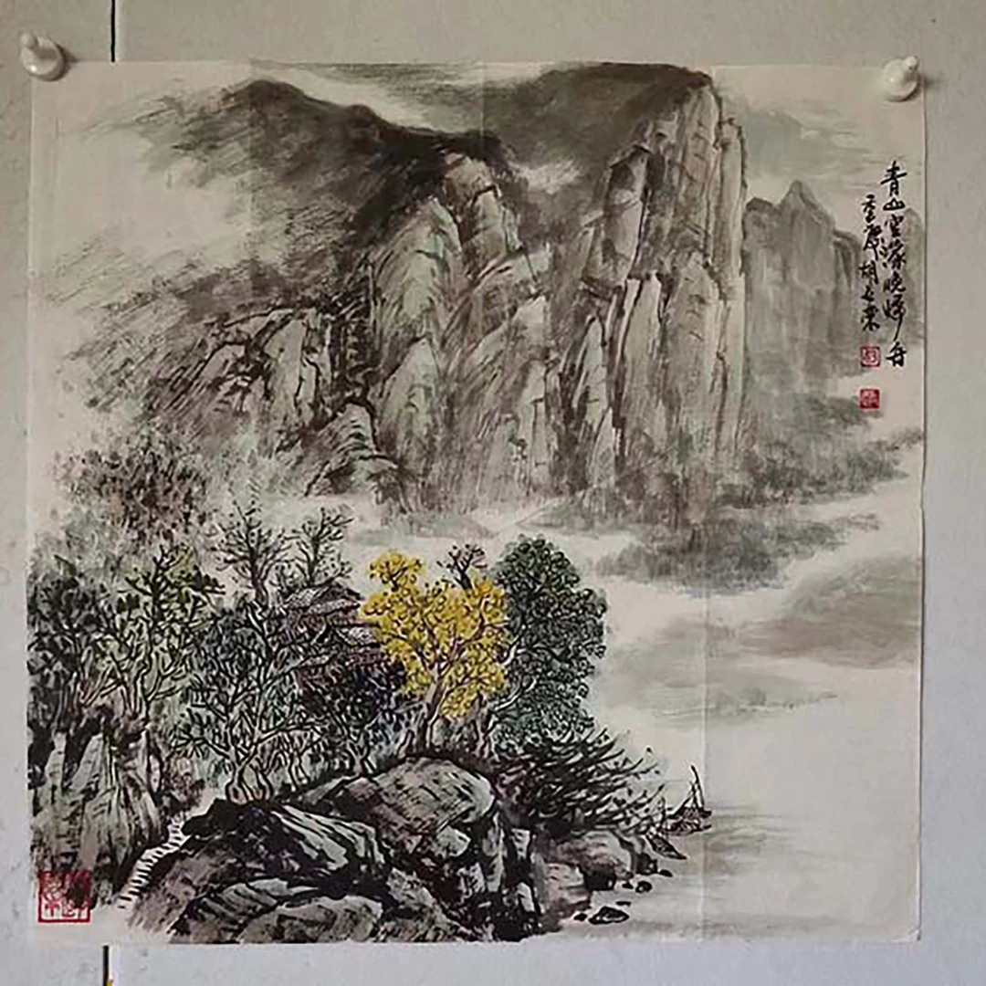 4086  纯手绘老字画《青山空蒙晚归》斗方   尺寸 68×68