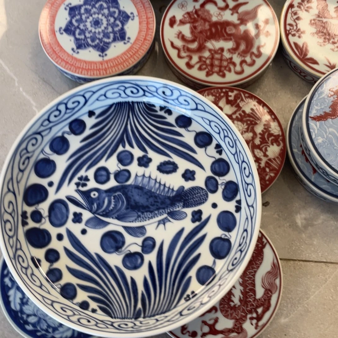 瓷片景德镇青花鱼藻纹大壶承18直径