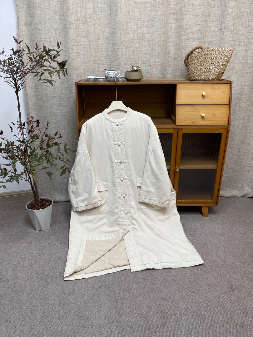 2025新款 雨露麻对襟盘扣棉服长袍（衣长115 胸围140）