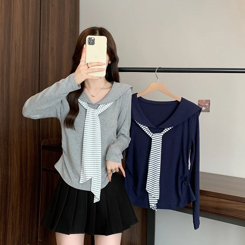 2025秋装新款胖mm大码女韩系减龄海军领条纹绑带百搭显瘦长袖上衣