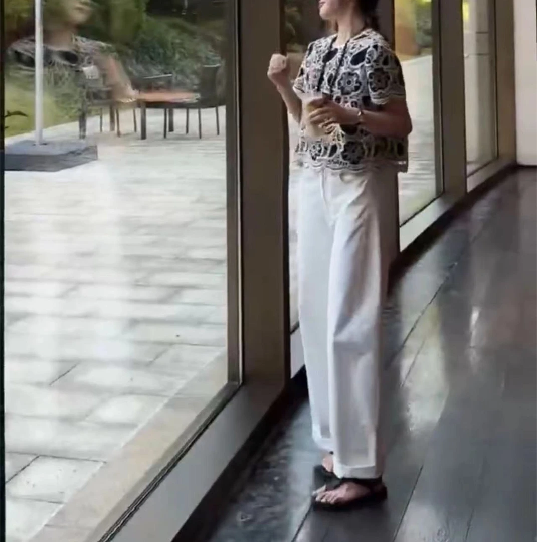 2025夏季新款法式设计感勾花短袖T恤休闲阔腿裤女
