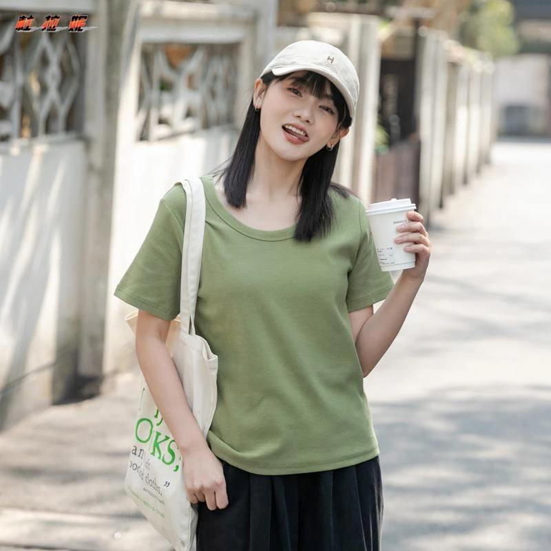 杜拉妮2025夏季新款U形大圆领简约基础款正肩短袖T恤女款百搭上衣