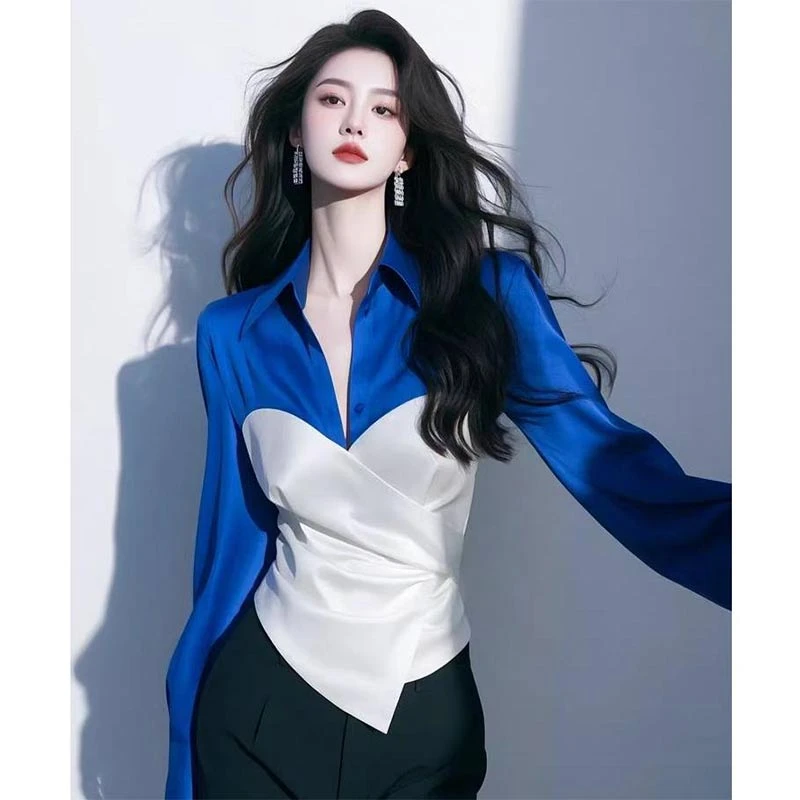 2025年春秋季新款韩版时尚高级感撞色衬衫女小众休闲百搭洋气上衣