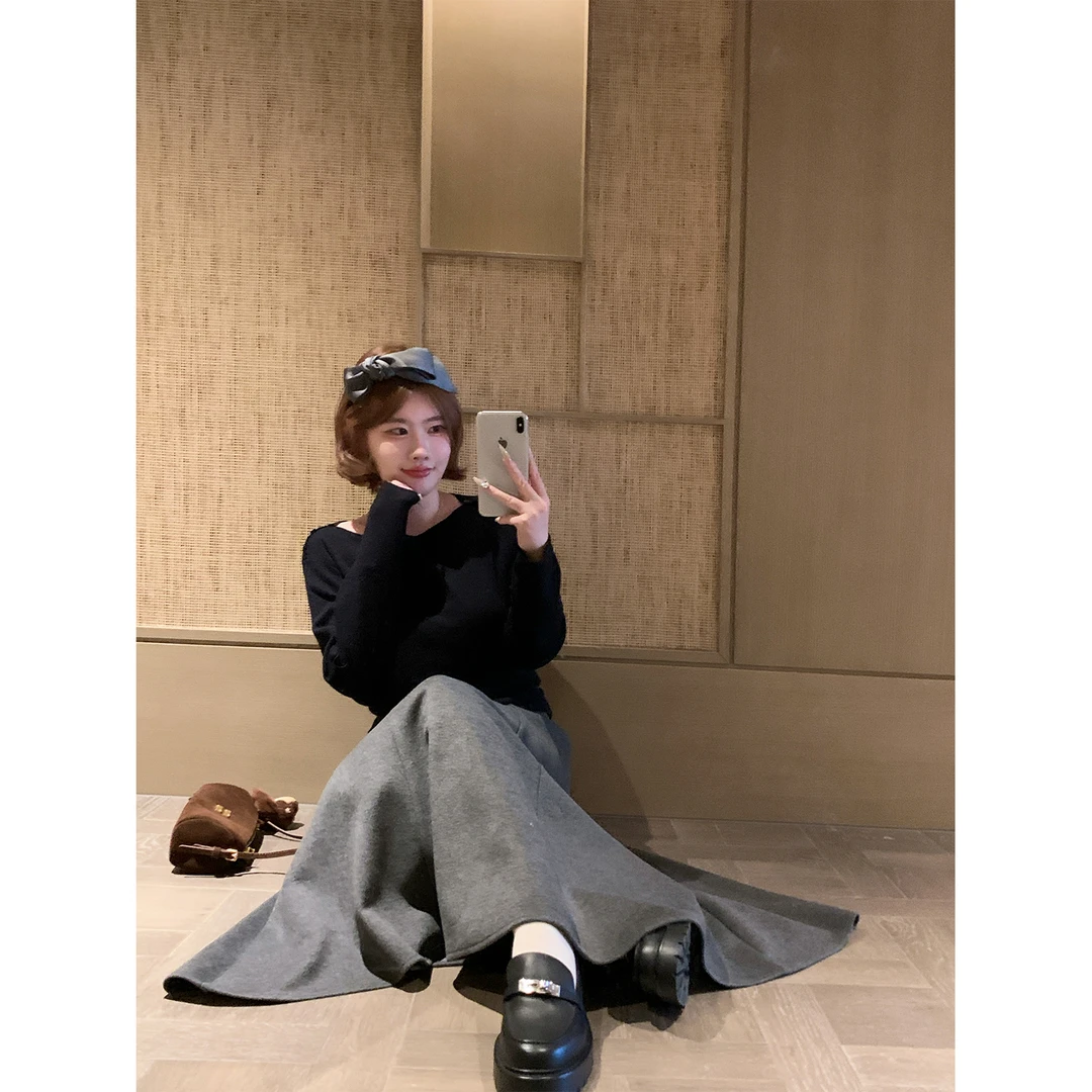 酒心微胖定制 秋冬战裙 复古分割毛呢伞裙A摆垂坠韩版百搭半身裙