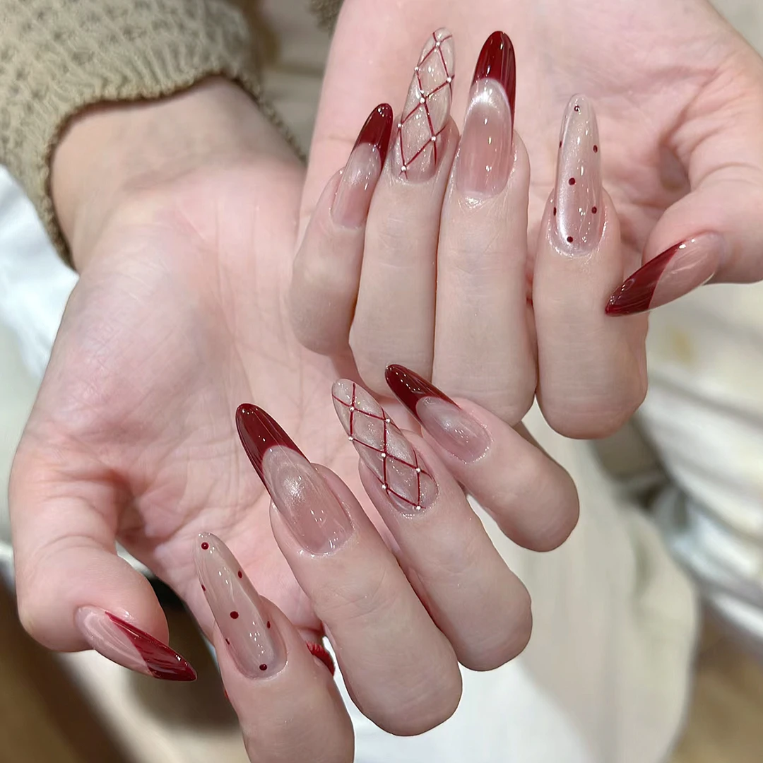 『暮色月光』新年圣诞安可拉红色法式拉线立体猫眼棱格纯手工穿戴甲