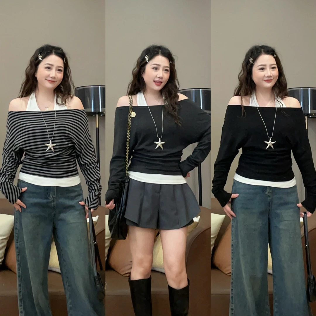 【清清价】一字肩撞色挂脖假两件T恤秋微胖显瘦百搭P225X14596