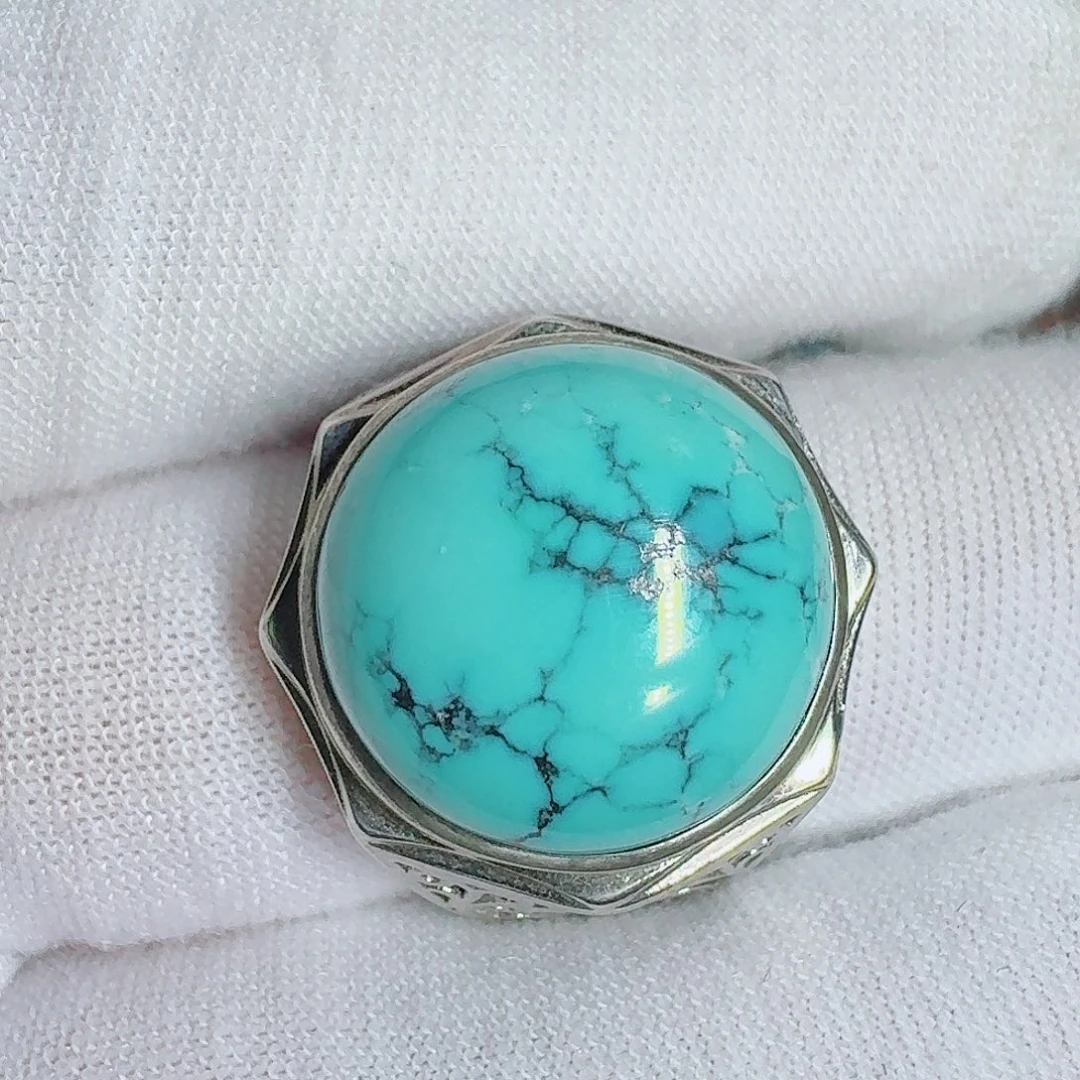 绿松石银S925镶嵌戒指天然水草纹饱满