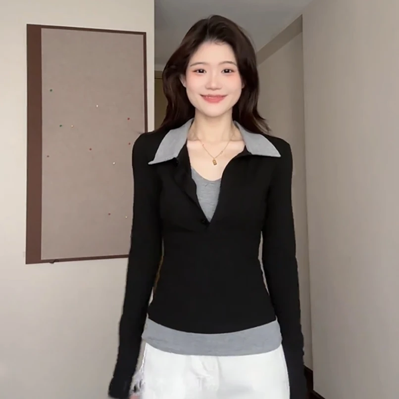 大码胖MM设计感撞色长袖T恤女春秋新款修身显瘦韩系假两件上衣ins