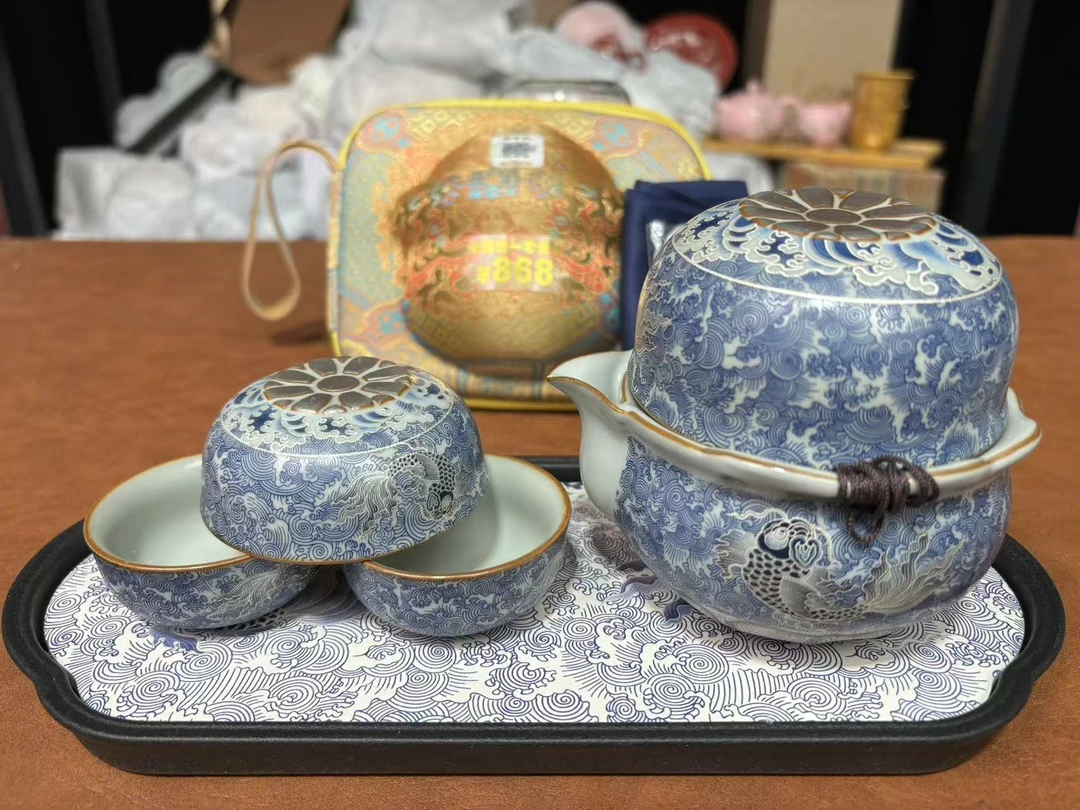 ZH4009-掐丝银鱼一壶四杯带茶巾带证书带包（送擦银棒）+茶盘便携