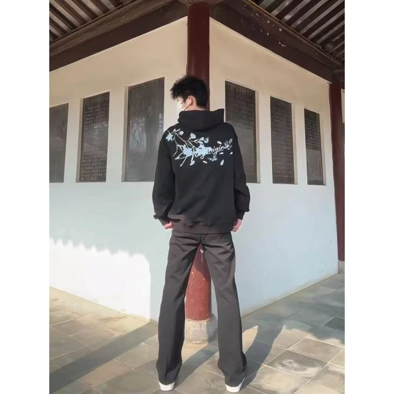 潮牌连帽花卉刺绣时尚卫衣男秋冬美式高街休闲情侣帽衫外套上衣潮