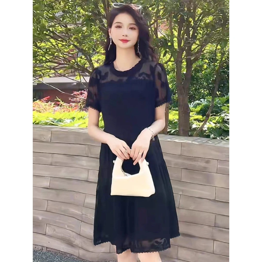 【HQ909】连衣裙女2025国风新款遮肉显瘦气质蕾丝花边a字小黑夏裙