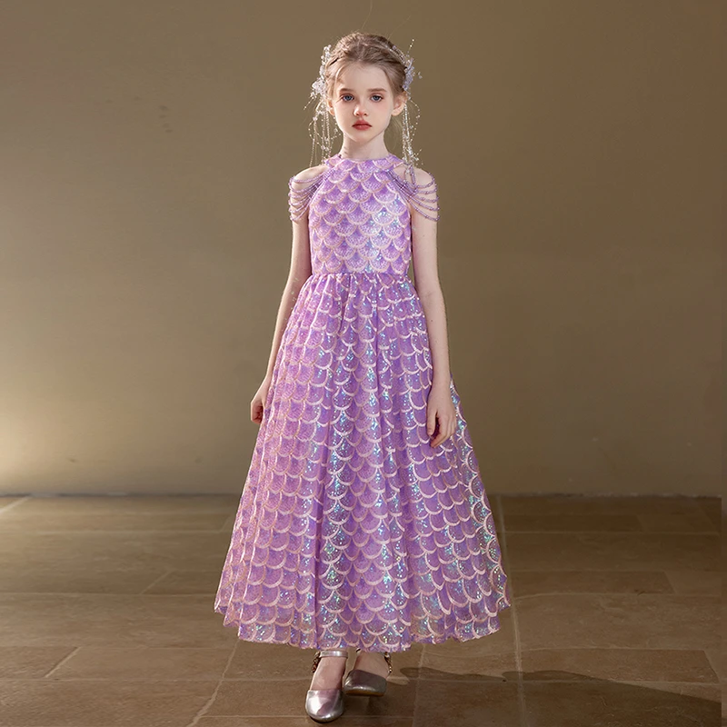 女宝公主裙女童礼服中大童女孩亮片主持人演出服大气婚礼花童裙