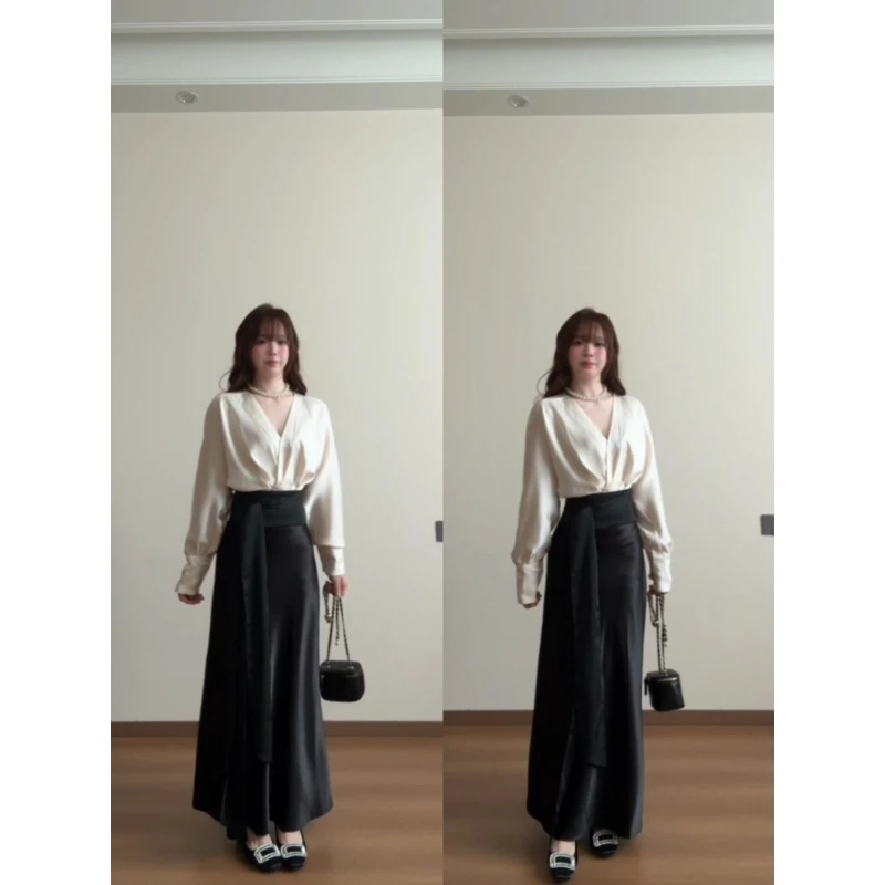 MARIE.COCO法式轻熟风v领长袖收腰衬衫女秋季新款高腰显瘦半身裙