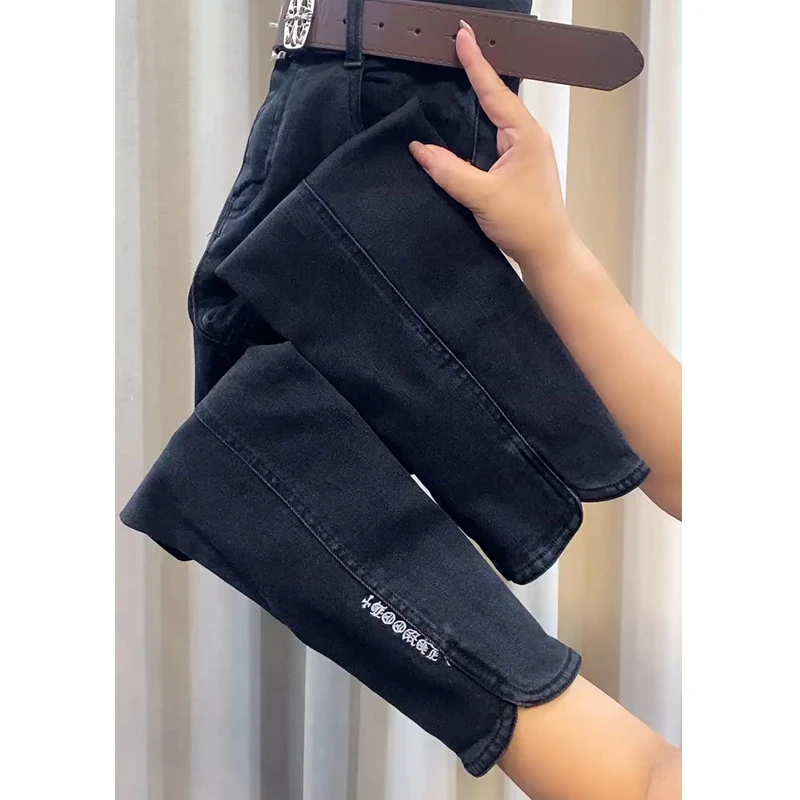 黑色弹力直筒牛仔裤女梨形身材2025春秋新款高腰显瘦九分烟管裤子