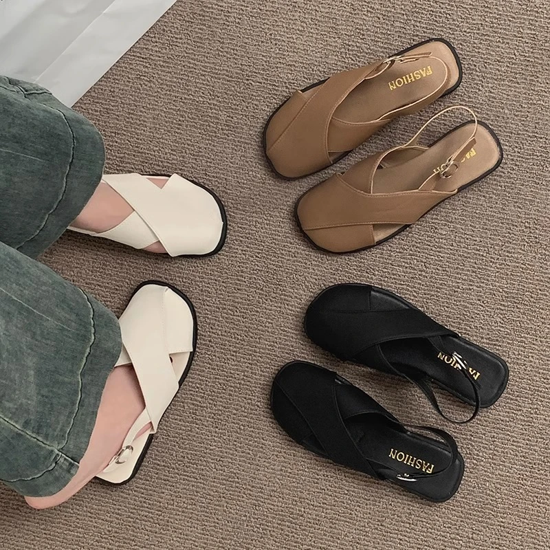 包头凉鞋女2025新款夏季韩版法式复古森系仙女风休闲平底罗马鞋子