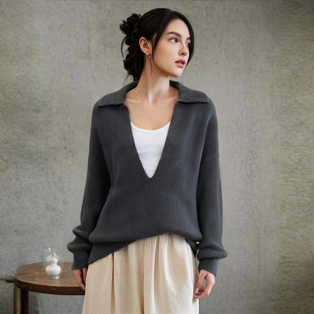 精品A101-A200秋冬新款外穿v领设计感纯色慵懒风全