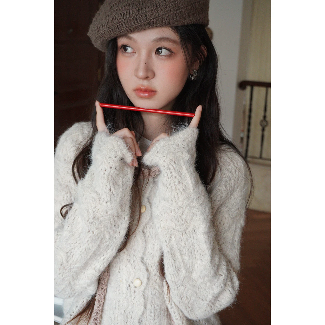 觅定杏色针织开衫女冬季慵懒风毛绒加厚毛衣韩系长袖上衣WS55439