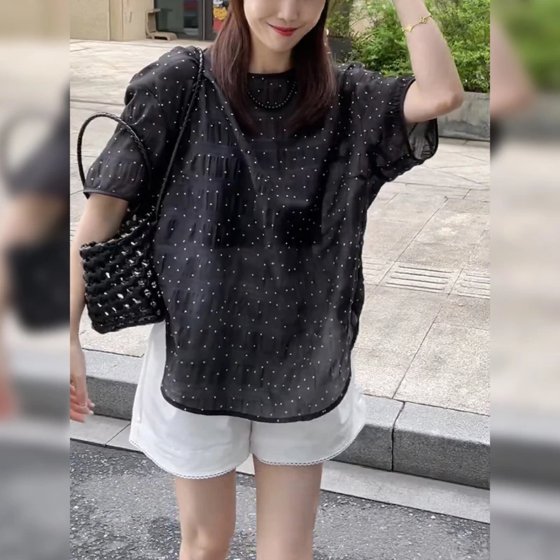 夏季新款宽松百搭高级感上衣韩版简约设计感波点衬衫女士洋气衣服