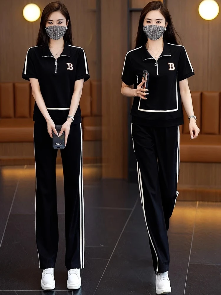 宽松休闲短袖t恤直筒裤两件套女夏季新款时尚洋气显瘦运动服套装