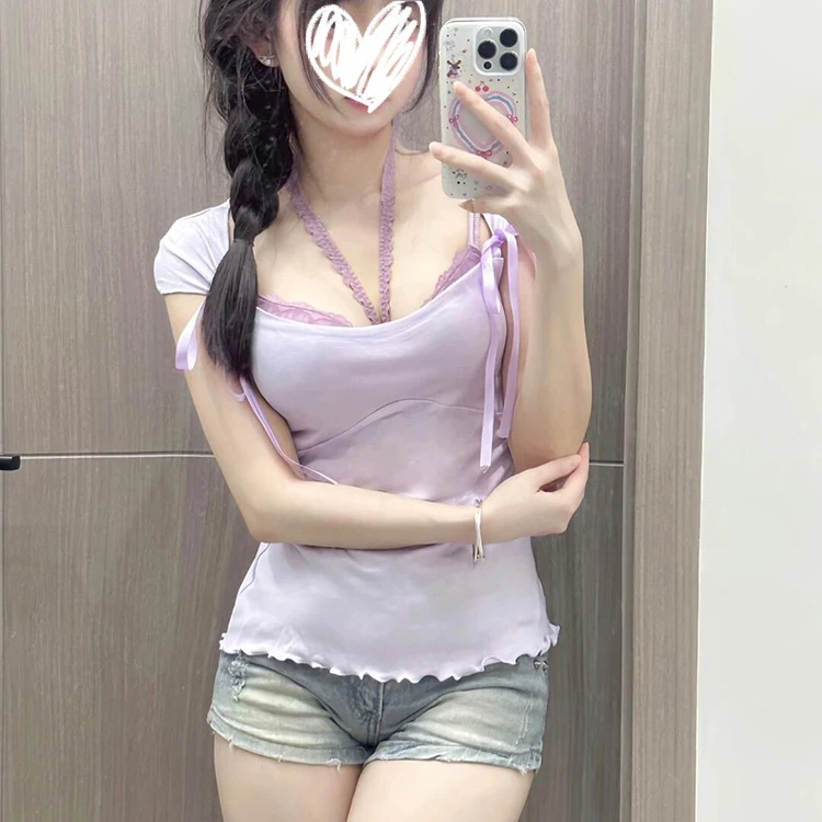 YIDENG紫色木耳边短袖恤女夏季2025新款设计感小众修身显瘦辣妹上