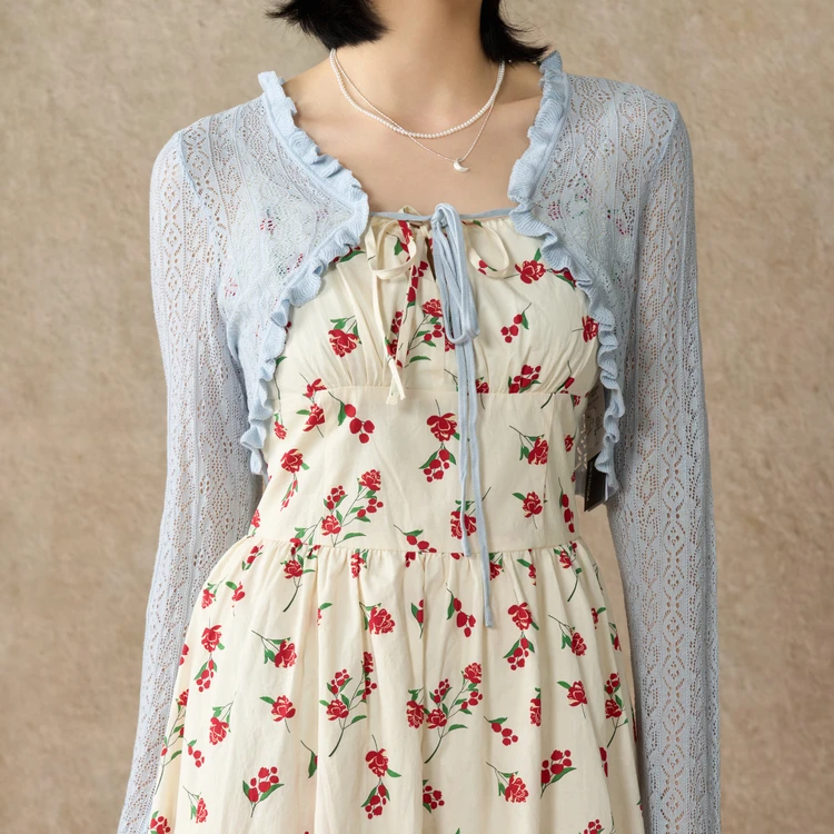 【100莱赛尔】西町村屋木耳边镂空提花开衫夏新款长袖小衫XAAB10448