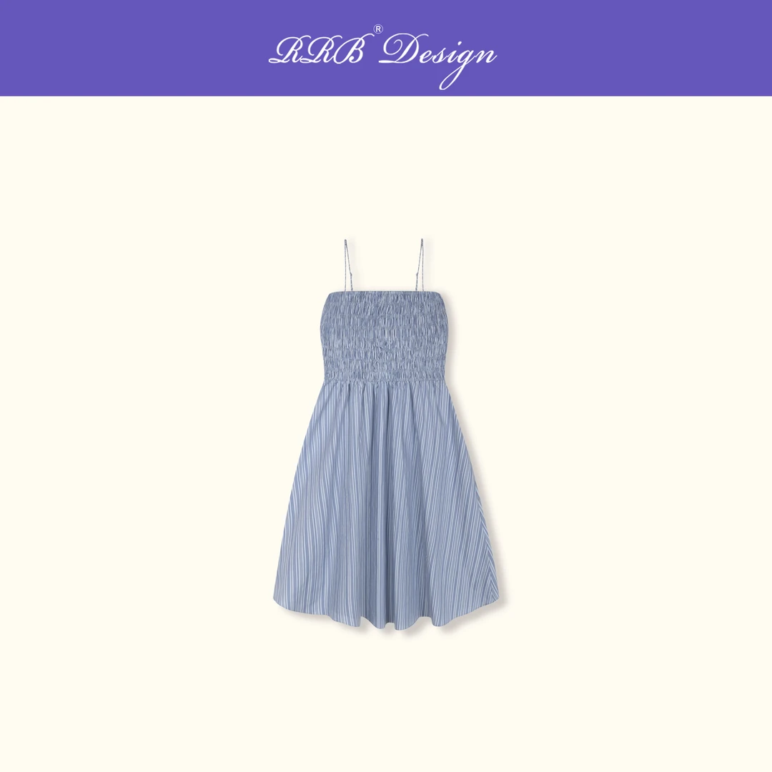 RRB Design「南法夏日」修身松紧褶皱拼色条纹吊带裙无袖连衣裙