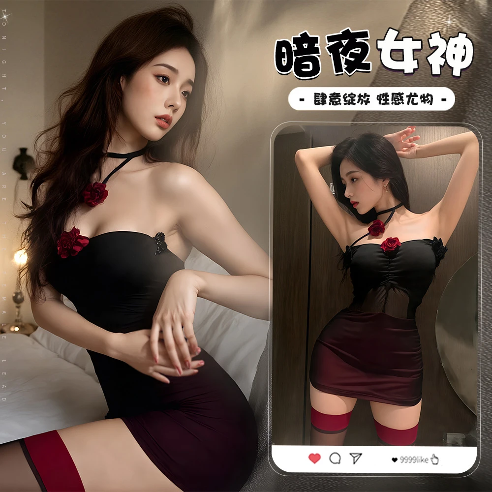 黑红玫瑰纯欲风性感甜辣气质包臀显瘦花朵挂脖网纱连衣裙937315