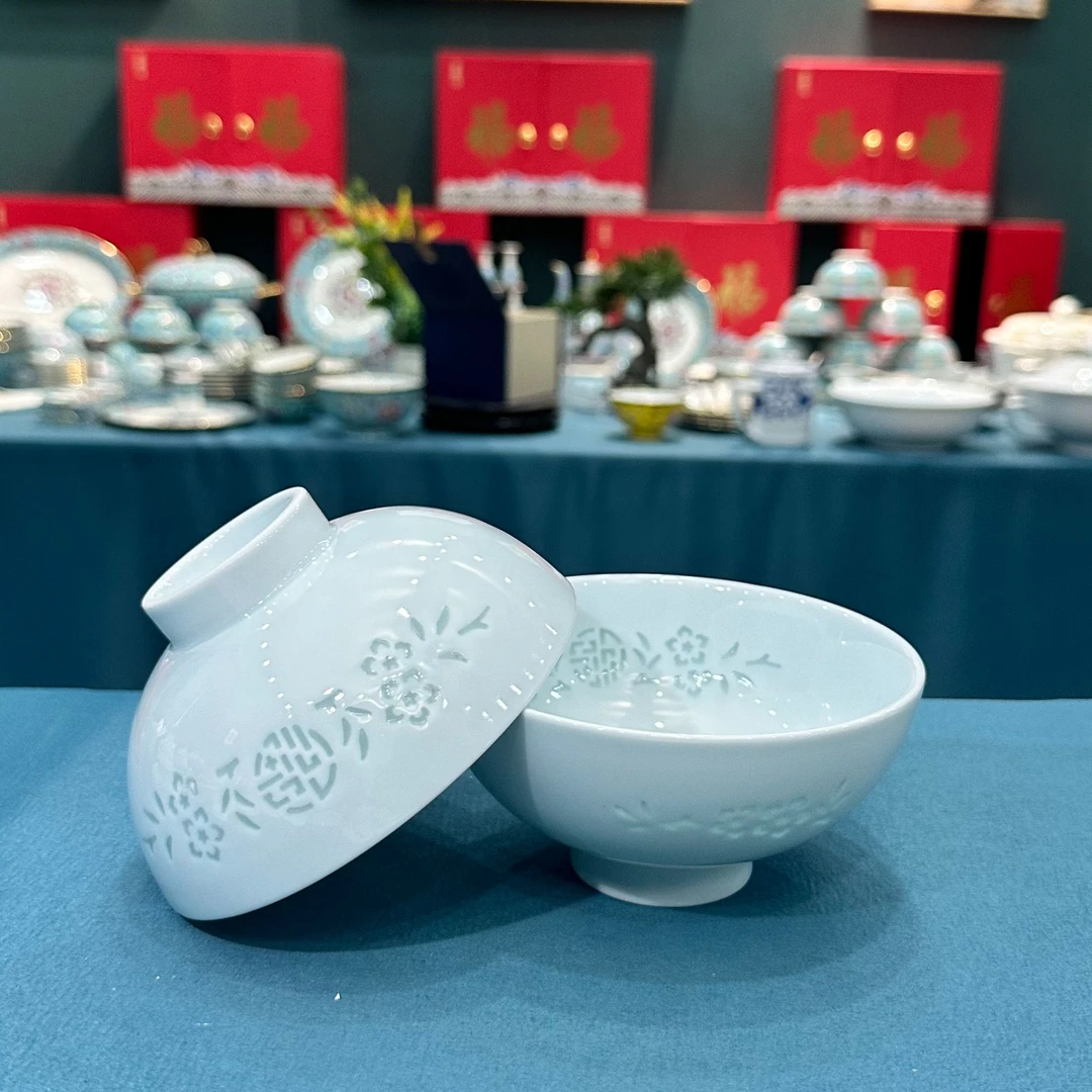 景德镇餐具【微瑕尾货】五寸影青玲珑福字斗笠碗6个