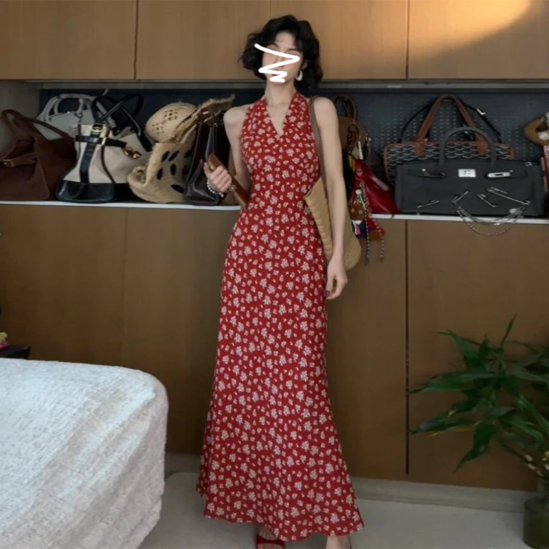 法式红色碎花无袖挂脖吊带连衣裙子女夏季2025海边度假风长裙1353