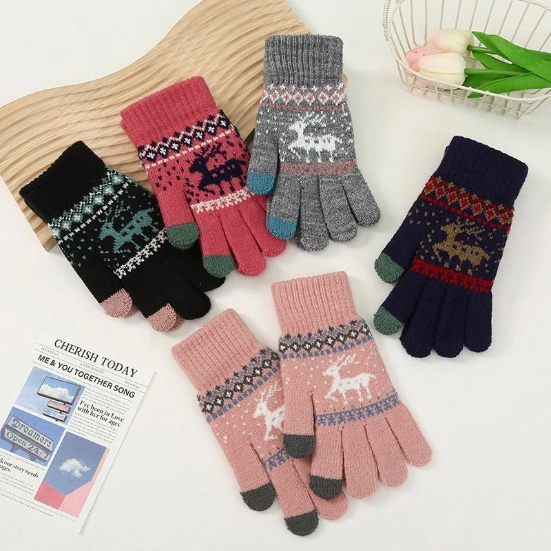 防寒小鹿手套男女冬针织五指触屏毛线保暖学生骑行卡通可爱加厚