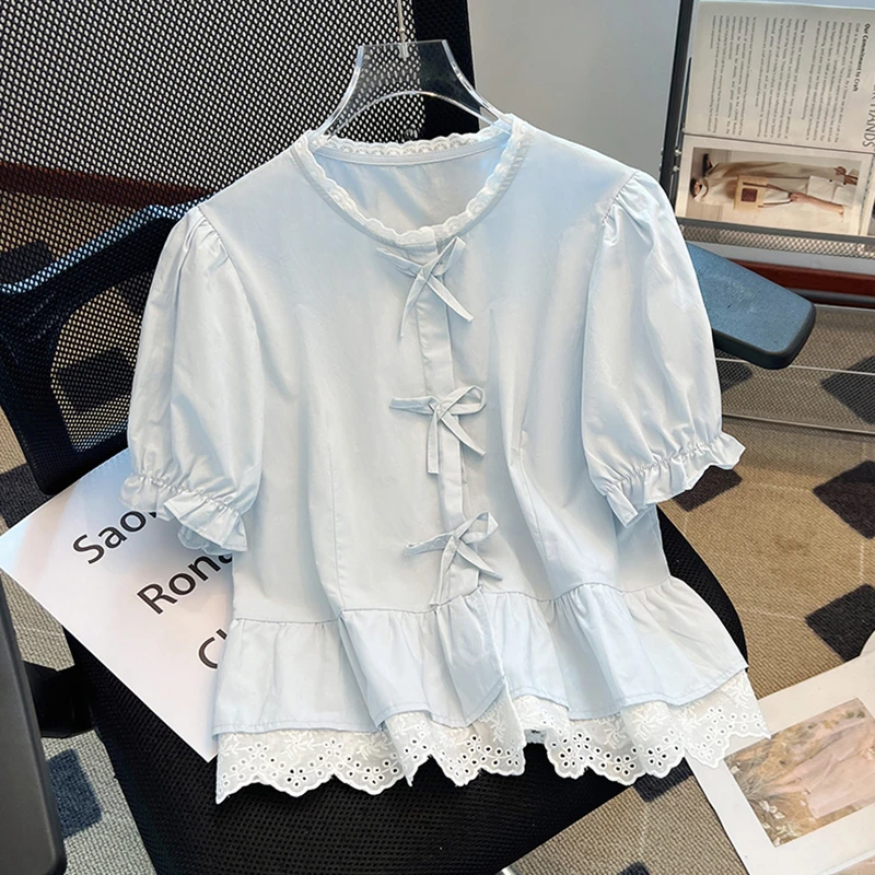 韩系蕾丝拼接圆领短袖衬衫女2025夏季新款蝴蝶结设计感百搭上衣潮