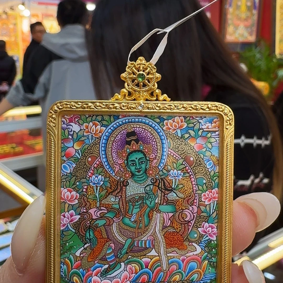 莉***莉吊坠热贡纯手绘唐卡绿度母