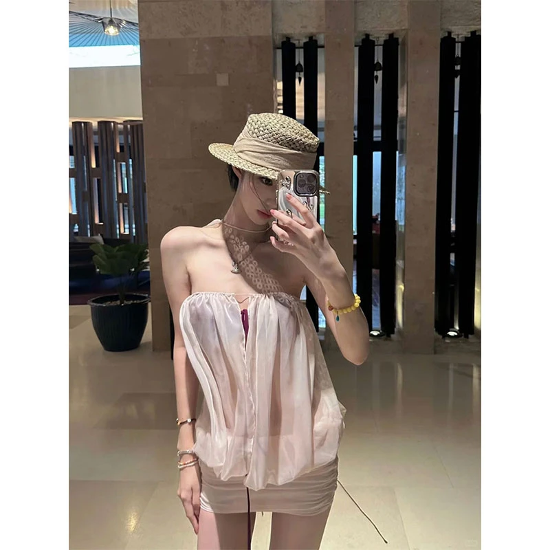纯欲辣妹粉色网纱挂脖抹胸连衣裙女夏季性感紧身收腰显瘦包臀短裙