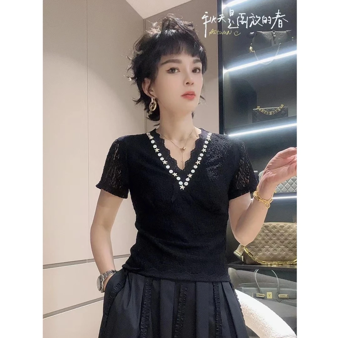 大胡子短袖V领T恤立体装饰设计感蕾丝百搭修身重工T恤87092