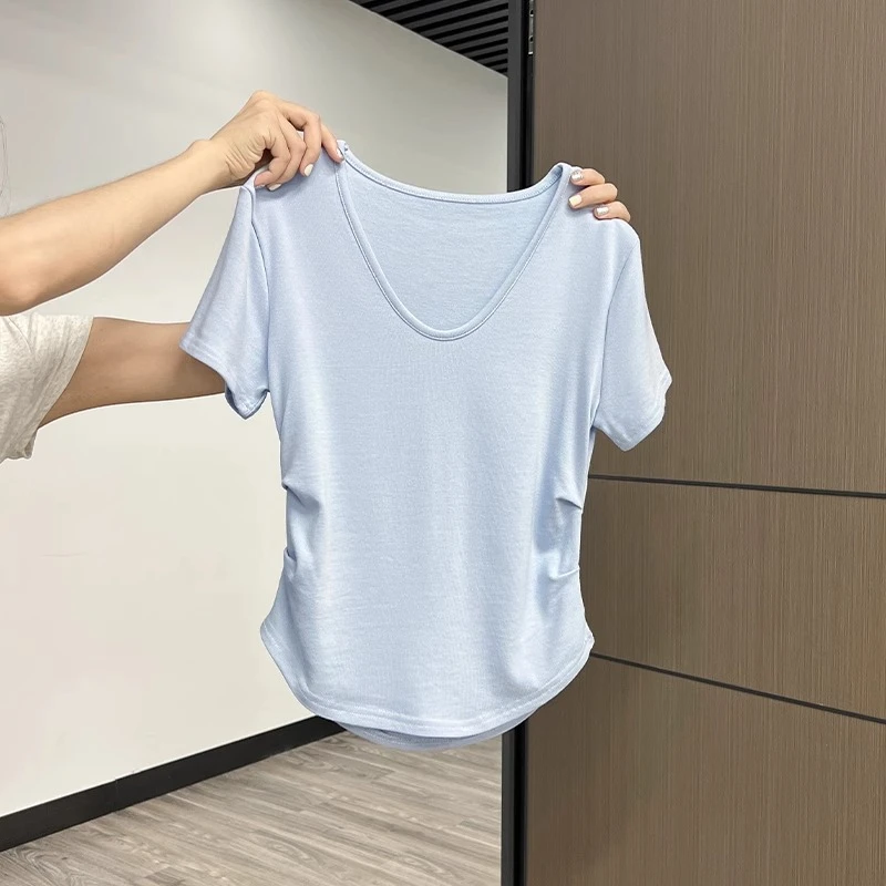 不规则褶皱收腰弧形下摆莫代尔短袖T恤V领修身显瘦短款上衣女学生