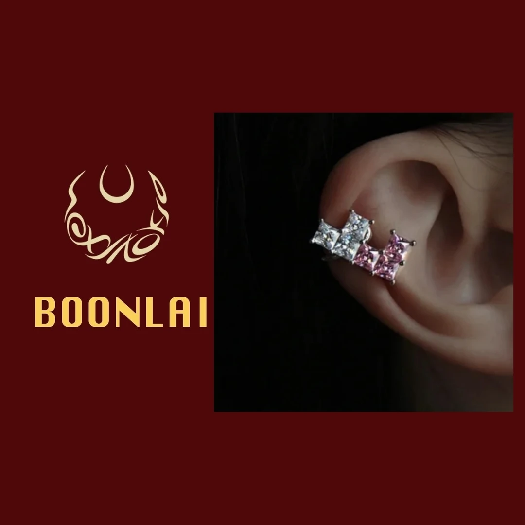 铜合金合成锆石耳饰 Boonlai 单只小众粉色白色双爱心锆石耳夹780