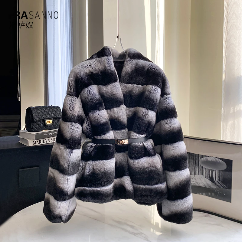 FRASNO【时尚长存】黑标龙猫纹横拼4A进口獭兔毛皮草女外套气质时尚
