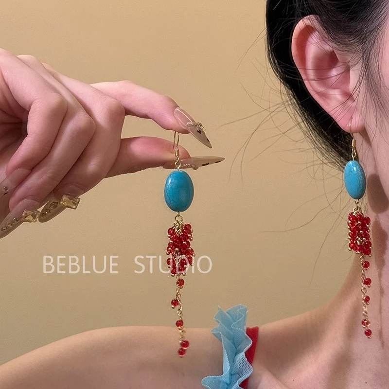 铜合金耳饰 南坪晚风~葡萄串耳钉小众设计民族风流苏耳环度假耳饰