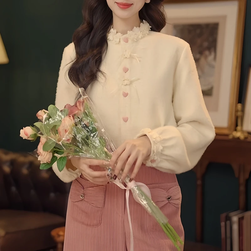 霖优【芝心卡龙】大码厚款花边领长袖衬衫女2025秋冬季新款显瘦上衣