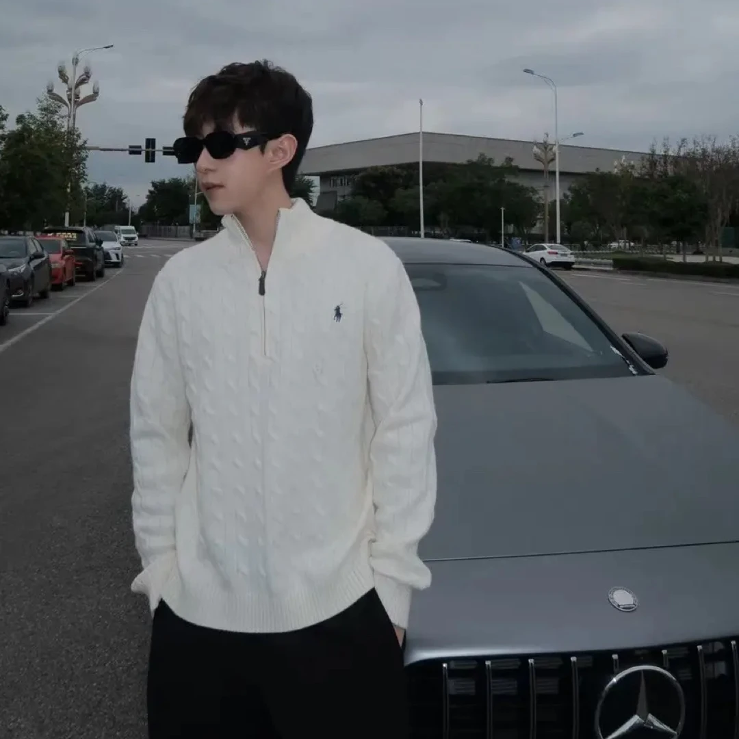 刺绣标秋冬季可翻高领半拉链毛衣套头针织衫