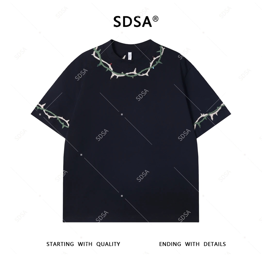 T3594高级感新款男士街头嘻哈领口刺绣荆棘圆领短袖T恤百搭上衣