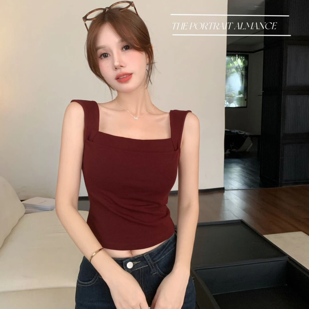 宽肩直角肩款双层一字领背心女简约纯色百搭带胸垫可外穿方领通勤