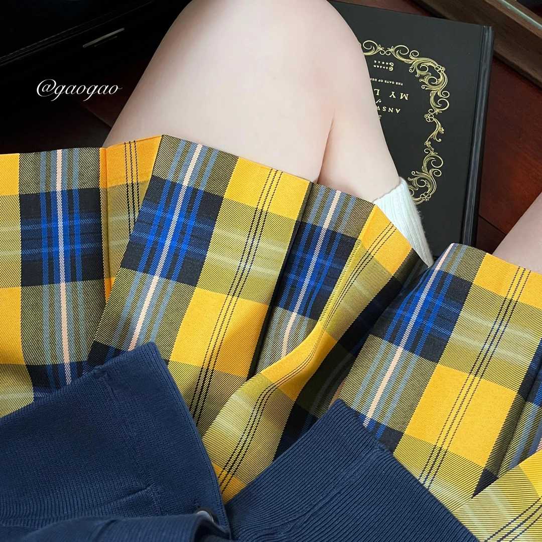 梨筏信【菠萝啤】原创jk格裙校供感高腰百褶裙黄色学院风制服套装